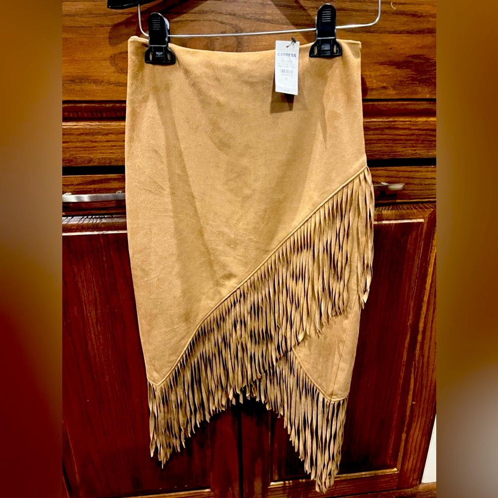 NWT EXPRESS tan faux vegan suede fringe high low western boho skirt size 0